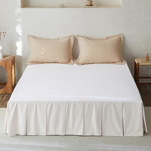 BISELINA French Linen Pleated Bed Skirt, 18 Tailored Draped Natural Linen-Cotton Blend Basic Dust Border Soft Comfort Farmhouse Bedding (18 Queen, White)