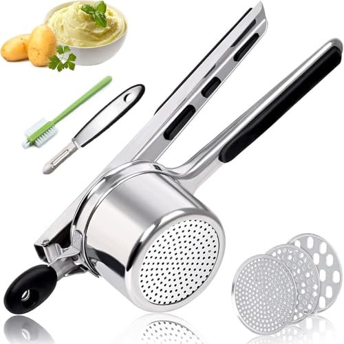 Potato Ricer 15oz, Heavy Duty Stainless Steel Potato Masher with 3 Interchangeable Discs, Large Masher and Ricer Kitchen Tool for Mashed Potatoes, Spaetzle Noodle Maker, Potato Press