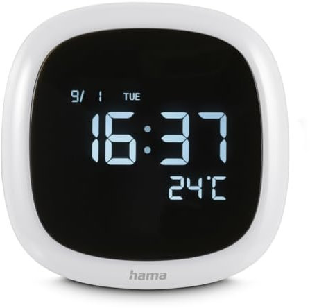 Hama Wecker (digitaler Wecker, mit Licht, mit Temperaturanzeige, mit Datumsanzeige, 3 Weckzeiten, Schlummerfunktion, ideal als Nachtlicht, dimmbar, Touch Sensor, ohne Batterien) weiß