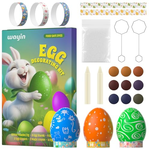 Wayin Egg Dye Kit - Easter Egg Decorating DIY Kit with Glitter Power, Dye Tablets, Egg Stands, Egg Dippers, Magic Crayon, Easter Egg Coloring Kit for Theme Party, Egg Hunt Creativity Activity