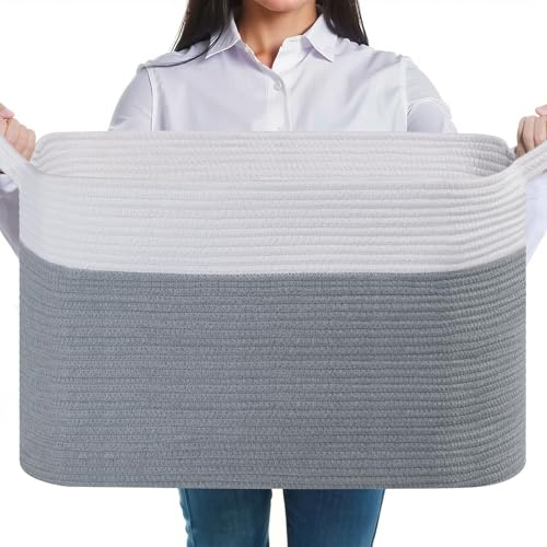 JOJOSEE Large Woven Laundry Storage Basket 55x38x30cm (White&Grey) | Cotton Rope Blanket Basket for Towel Clothes Storage, Toy Storage Organiser, Rope Basket for Living Room, Nursery, Bedroom