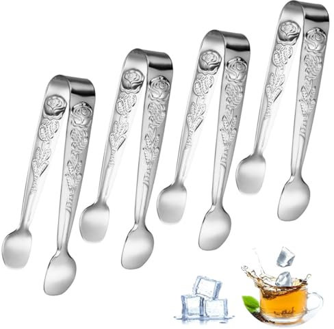 RuiChy 4 Pcs Rose Ice Tongs, 11cm Stainless Steel Sugar Tong Small Serving Tongs 4.3Inch Relief Flower Sweet Tong for Food Candy Bread Cake Dessert Buffet Kitchen Wedding Tea Party Bar Bucket (Silver)