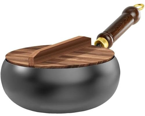 japanische Eisenpfanne mit Holzdeckel, Eisern Handgefertigte Eisenpfanne, Multifunktionales Nicht Beschleunigter Kochwok Anti-Scenen-Griff, Holz Eisengeschirr 24/28Cm Durchmesser (28cm+Holzdeckel)