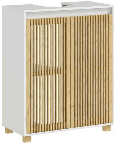 HOMCOM Mobile da bagno mobile contenitore per lavabo - armadio con ante a doghe in bambù, 60 x 30 x 75 cm, effetto legno naturale