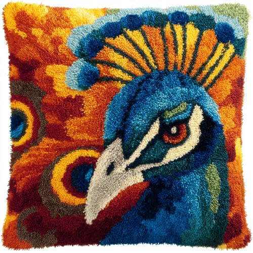 ASONGLINGO Kits De Crochets De Verrouillage Paon animal Kits De Crochet Kit Point Noué Coussin Kit De Verrouillage Tapis Point Noué 43×43cm