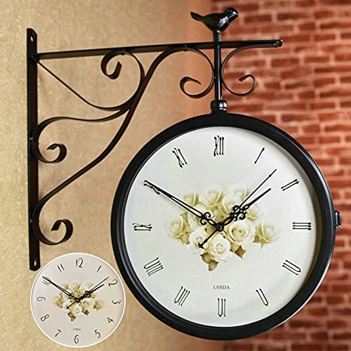 ZJFHEYUO Orologio da Parete Vintage bifacciale in Ferro battuto, Stile Stazione ferroviaria, Orologio Rotondo con Rotazione di 360 Gradi, Decorazione per Interni ed Esterni, Bar,