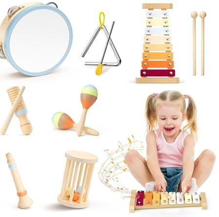 Musikinstrumente für Kinder, Montessori Musikinstrumente Set, Musik Holzspielzeug für Jungen und Mädchen, Spielzeug Geschenke Trommel Xylophon für Kleinkinder ab 1-3 Jahren