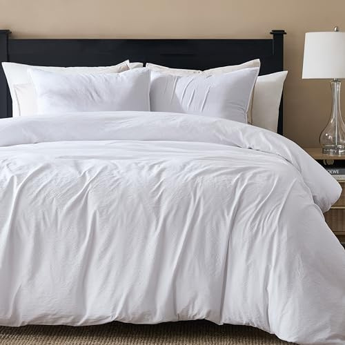 WDCOZY White King Size Jacquard Duvet Cover Set with Zipper Closure, Modern Washed Soft Striped Bedding, Textured Seersucker Like Cotton Linen, 1 Duvet Cover and 2 Pillow Shams, No Comforter