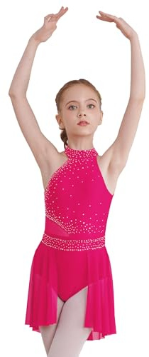 TiaoBug Mädchen Ballettkleid Asymmetrisches Kleid mit Neckholder Strass Ballettanzug Tanzkleid Latein Standards Ballett Trikot Jazz Kostüm Ballettkleidung