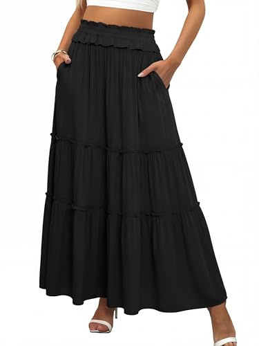 ANRABESS Womens Maxi Skirt Flowy Swing Ruffle Tiered Elastic High Waist Long Skirts 2026 Summer Casual Beach Vacation Clothes Black Medium