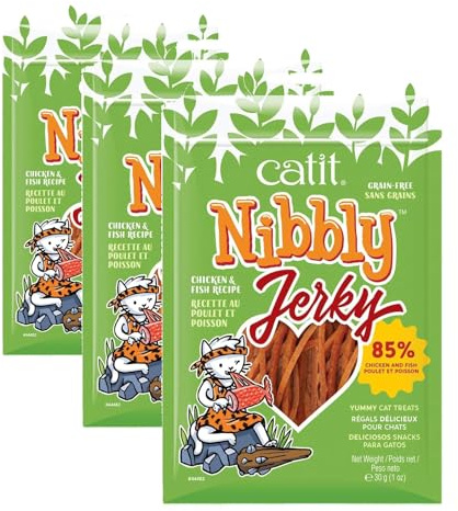 Catit Nibbly Jerky Snack seco Saludable para Gatos, Tiras de Pollo masticables, Pollo y Pescado, 30 g (Paquete de 3)