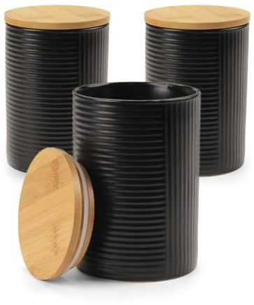 MA MAISON Set 3 Barattoli di Ceramica - Tappo in Legno, Ermetico, Rilievo, Decorati, Bianco, Nero, Marmo, Minimalista, Cucina, Contenitori Spezie, Sale, Zucchero, Caffè (Nero, 9 x 13 cm)