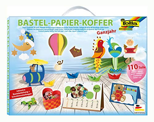 folia 930 - Bastelpapierkoffer Ganzjahr, 110 Teile - Kreativset für Kinder und Erwachsene mit Bastelpapier und Dekoelementen