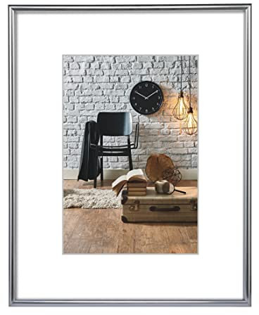 Hama Bilderrahmen „Sevilla“, 40x50cm (Kunststoffrahmen, Fotorahmen, Hochformat, Querformat, zum Hängen, Hängevorrichtung, mit Passepartout, bruchsicher, Bildformat 28 x 35 cm, Polystyrol) Silber matt