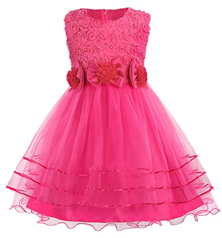 Discoball Vestido de Fiesta de Princesa con Pajarita de Flores Rosas, Tul, para Boda, Dama de Honor, Bautizo