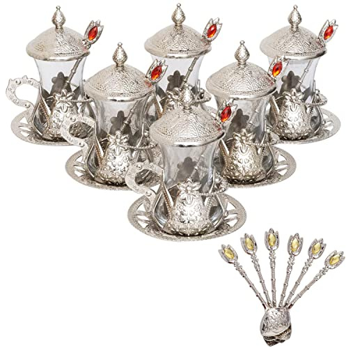 Alisveristime Handgefertigtes türkisches Teeglas-Set – traditionelle türkische Motive, 6 Stück mit Deckel und Bonus Teelöffel (Silber)