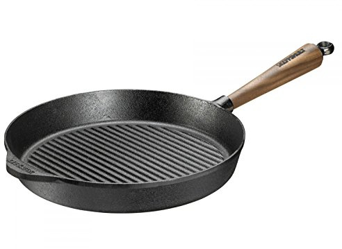 Skeppshult Poêle Manche en Bois de NOYER Poêle/Poêle/Grill Poêle/Wok fonte + prymo Chiffon microfibre, Grillpfanne rund, 28 cm