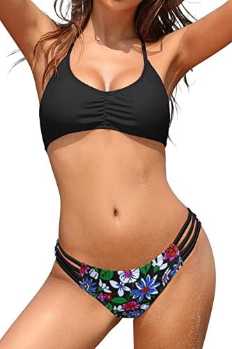 SHEKINI Bandeau Bikini Damen Set Neckholder Bikinioberteil Gedruckt Triangel Bikinihose Sexy Bikinis für Damen(M, Schwarz)