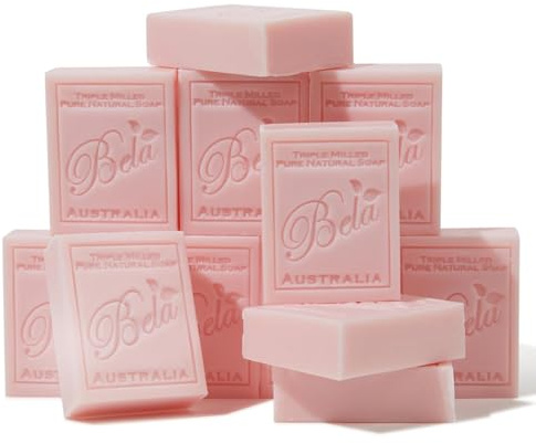 BELA Rose Soap 3.3 OZ Pack of 12, French Triple Milled Bar Soap Rose and Petals with Organic Shea Butter, Hand, Face and Body Wash Bar Made in Australia