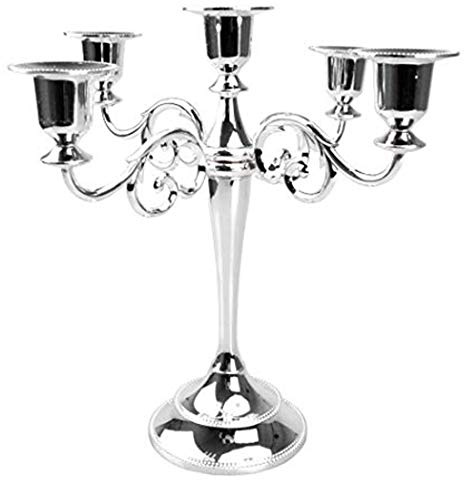 Levoberg Kerzenständer Silber 5-armig, kerzenleuchter Silber aus Metall 36cm Höhe Leuchter Kandelaber für Home Hochzeit Weihnachtsfeier Dekoration