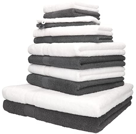 Betz 12-TLG. Handtuch-Set Palermo 100% Baumwolle 2 Liegetücher 4 Handtücher 2 Gästetücher 2 Seiftücher 2 Waschhandschuhe Farbe anthrazit und weiß