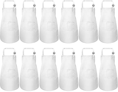 SATINIOR 12 Pcs Kids Apron for 2-13 Age Adjustable Children Chef Art Smock with Pocket for Girl Boy Activity(White,L for 7-13 Age)