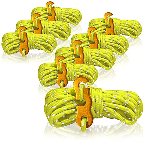 COM-FOUR® 8x killrep, vardera 4m för camping, reflekterande i gult - tältsnöre med aluminiumspänne - spännlina - campinglina - repsträckare - tältrep - stormrem