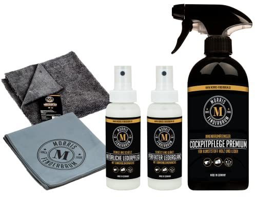 Morris Fenderbaum MF Profiset Cockpitpflege und Lederpflege - 1x 500 ml Cockpitpflege Premium 1x 100ml Natürliche Lederpflege, 1x 100ml Perfekter Lederglanz,1x Mikrofasertuch, 1x Lederpflegetuch