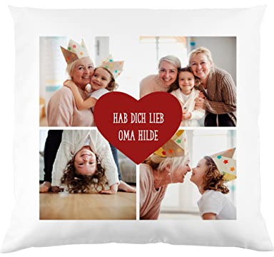 Herz & Heim® Foto-Kissen (40x40) gestalten mt eigenen Bildern und Wunschtext, inklusive Füllkissen Vier Fotos EIN Herz