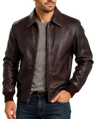 Fashion_First Vestes en cuir de mouton doux pour hommes, style bombardier, pour moto, décontractées, pour l'extérieur, pour les fêtes, noir/brun, L