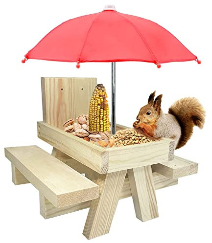 Eichhörnchen Futterhaus Wetterfest Eichhörnchen Picknicktisch Holz Eichhörnchen-Futtertisch Mit Regenschirm Eichhörnchen-Eichhörnchen Futterstelle-Feeder Garten Eichhörnchen Maiskolbenhalter