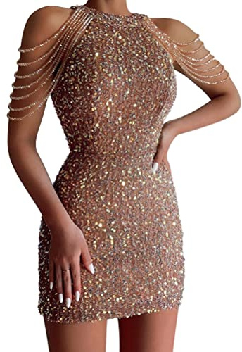 Minetom Damen Pailletten Kleid Ärmellos Partykleid Bleistiftkleid Abendkleider Rockabilly Cocktail Festlich Hochzeit Mini Kleid A Rosa M