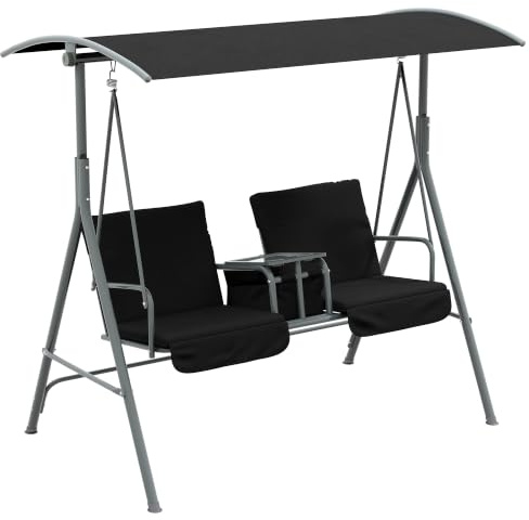 Outsunny 2 Seater Garden Swing Chair Patio Swing Seat Tilting Canopy Black | Double Padded Seats, Storage Bag, for Garden Balcony Terrace Patio
