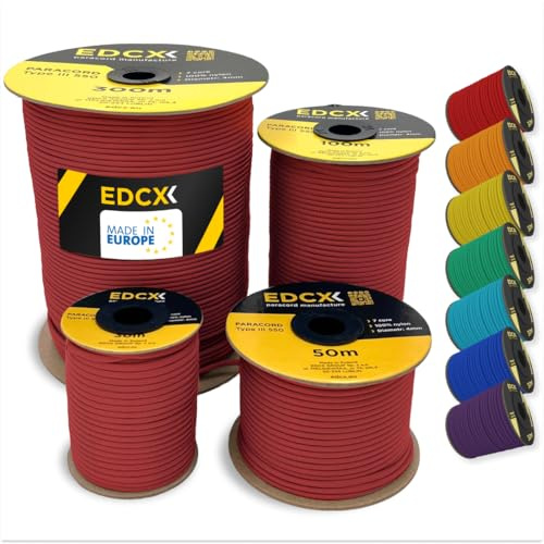 EdcX 4 mm Nylon Paracord 550 30 m (100 pies) - Tipo III, Cuerda 100% Nylon, Cuerda de 7 hebras, Cuerda de Nylon de 4 mm en Colores sólidos (Red, 30 m)