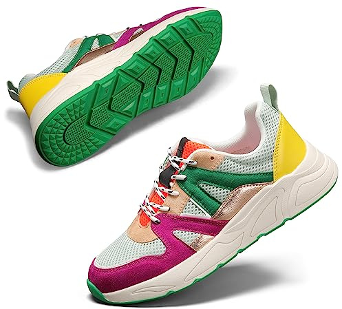 LUCKY STEP Zapatillas Mujer Chunky con Plataforma | Exterior de malla y material sintético, suela plataforma chunky, plantilla acolchada y cordones para looks casuales.