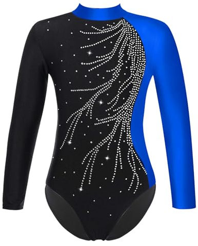 Freebily Kinder Mädchen Gymnastikanzug Glitzer Langarm Ballett Tanz Trikot Leotard Sportbody mit Kunstdiamanten Training Ballettbekleidung A_Blau 146-152