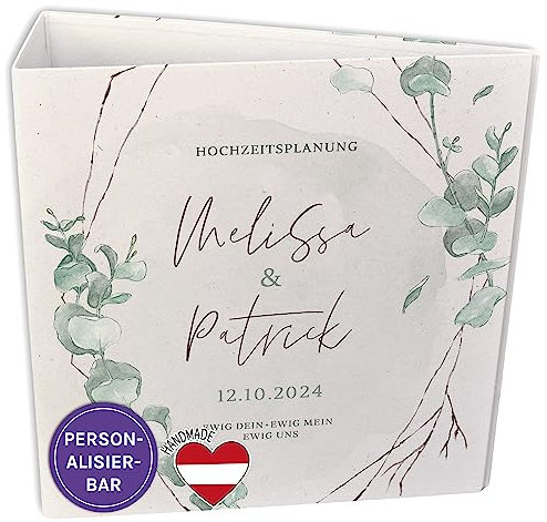 FEENSTAUB Ordner A4 Hochzeit, Mappe mit Namen und Datum personalisierbar, Hochzeitsplaner Ordner, Motivordner A4, Hochzeitsordner, Binder, Sammelordner, Aktenordner A4 bunt, Motiv Eukalyptus