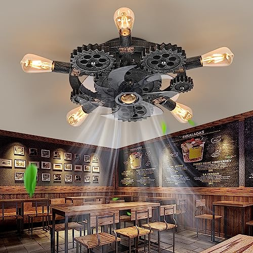 HUEOCZW 20 Retro Industrial Steampunk Ceiling Fans with Lights and Remote,Low Profile Flush Mount Bladeless Ceiling Fan with Light,Nautical Style 6 Speeds for Bedroom Kitchen Island Bar Cafe