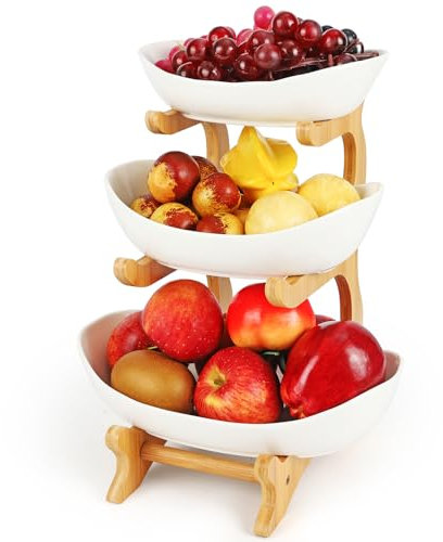 Diealles Shine Keramik Obst Etagere mit 3 Etagen, Platzsparendes Obstkorb Etagere für die Familie, Stabil Und Ohne zu Zittern, Obstschale Modern mit Natürlichem Bambus Steher, für Gemüse, Obst, Snacks