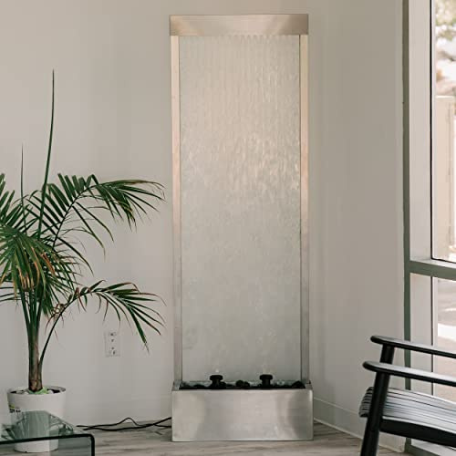 XBrand 72 Steel/Glass Free-Standing Non-Reflective Waterfall Fountain w/Pump, LED Lights and Rocks, Home Indoor and Garden Décor