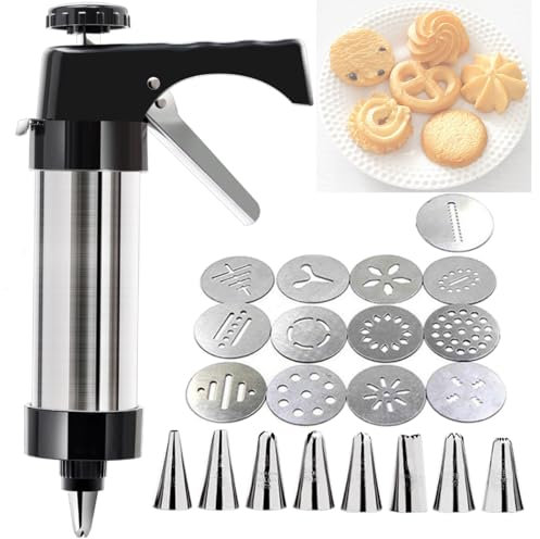 Cookie Press Gun, Cookie Press, Cookie Press for Baking, with 13 Stainless Steel Cookie Discs and 8 Icing Decorating Nozzles, for Home DIY Biscuit Maker and Decoration