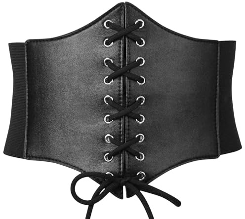 JASGOOD Women Elastic Lace-up Corset Belt Tied Waspie Wide Belts Costume Stretch Waist Belt for Halloween, Black, L