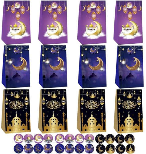 Ramadan Tüten zum Befüllen, 12 Stück Eid Mubarak Tüten, Ramadan Geschenktüten, Ramadan Mubarak Geschenkbox mit 24 Ramadan Sticker, Ramadan-Dekorationsset, Goody-Bag-Zubehör für Muslimische Feiern