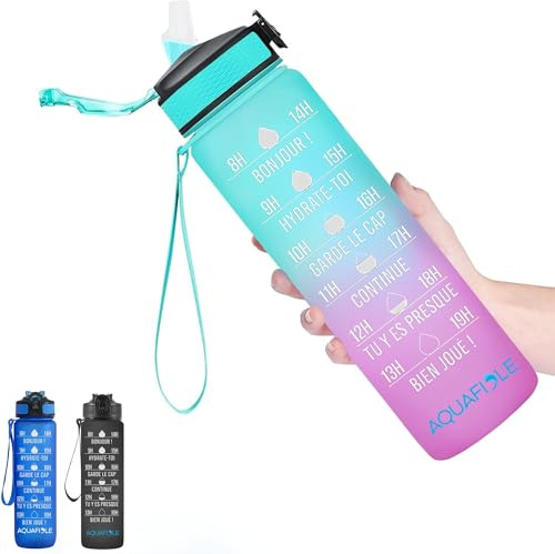 AQUAFIOLE Gourde motivante 1L en français [SANS BPA], paille pour adulte, camping, randonnée, cyclisme