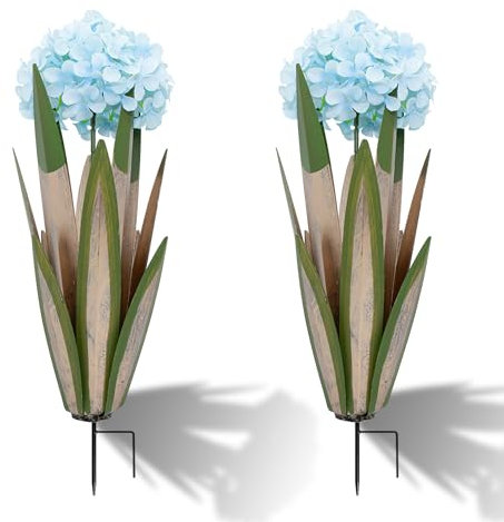 Lot de 2 grandes plantes d'agave en métal tequila rustique avec hortensia, plantes d'agave rustiques en métal pour jardin, pelouse, maison, piquets de cour, figurines de jardin, terrasse extérieure (2