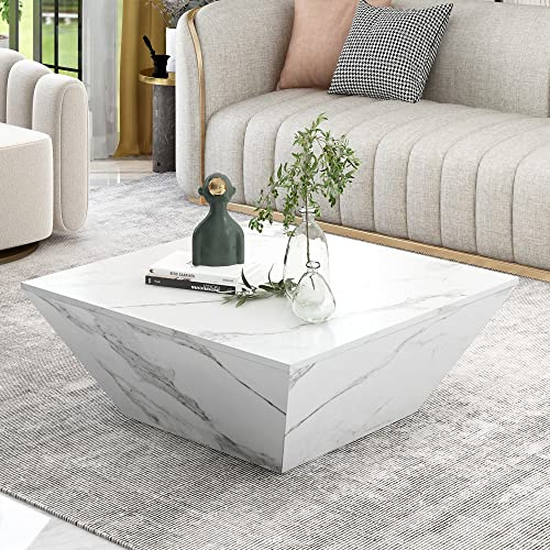 Soweiz Tavolino moderno a tamburo impiallacciato in marmo bianco trapezoidale tavolino da salotto, 70 x 70 x 37 cm, MDF + impiallacciatura con motivo marmo