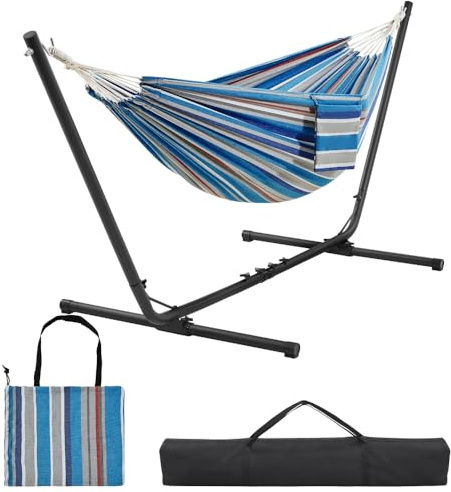 Yaheetech Amaca da Giardino Esterno con Supporto Struttura Regolabile Carica 200 kg Pieghevole Portatile con Borsa di Trasporto in Ferro Poliestere e Oxford per Piscina Campeggio Strisce Blu-Rossa