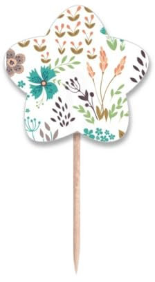 Palillos de dientes con diseño de flores coloridas, banderas con etiqueta de estrella, palillos para cupcakes