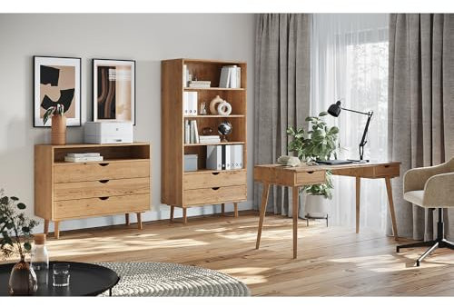 Lomadox Büromöbel komplett Set 3-teilig mit Schreibtisch Kommode Regal Eiche massiv