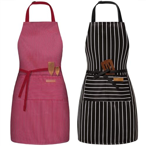 BeLuyi 2 Pack Adjustable Bib Apron with 2 Pockets Chef Cooking Kitchen Restaurant Aprons for Women Men (Wine/Black Stripes)